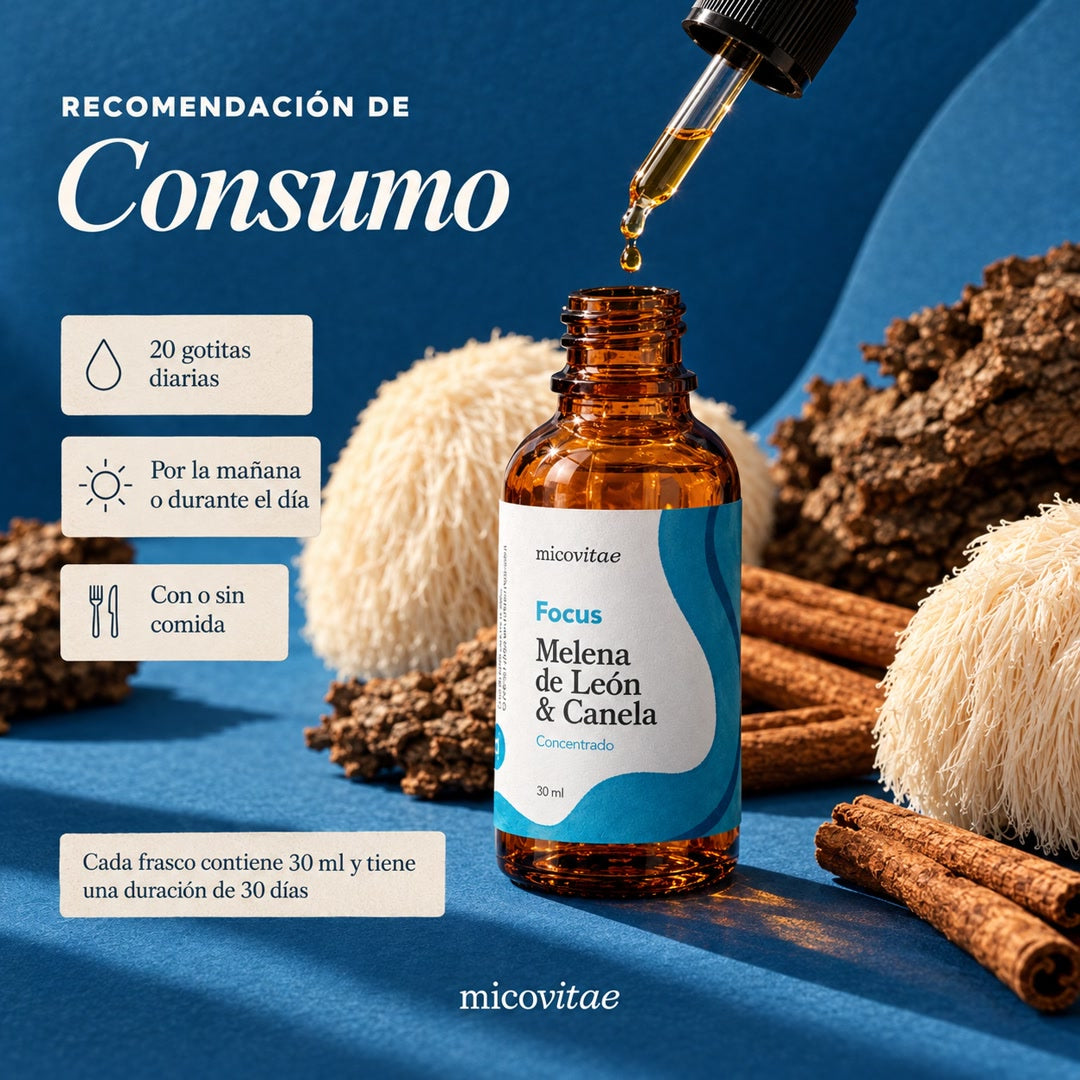 Recomendación de consumo de Focus: 20 gotitas diarias, por la mañana o durante el día, con o sin comida