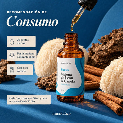 Recomendación de consumo de Focus: 20 gotitas diarias, por la mañana o durante el día, con o sin comida