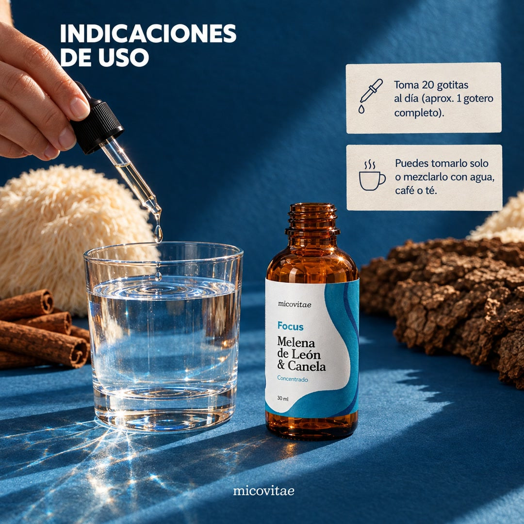 Indicaciones de uso de Focus: 20 gotitas al día, solo o con agua, café o té